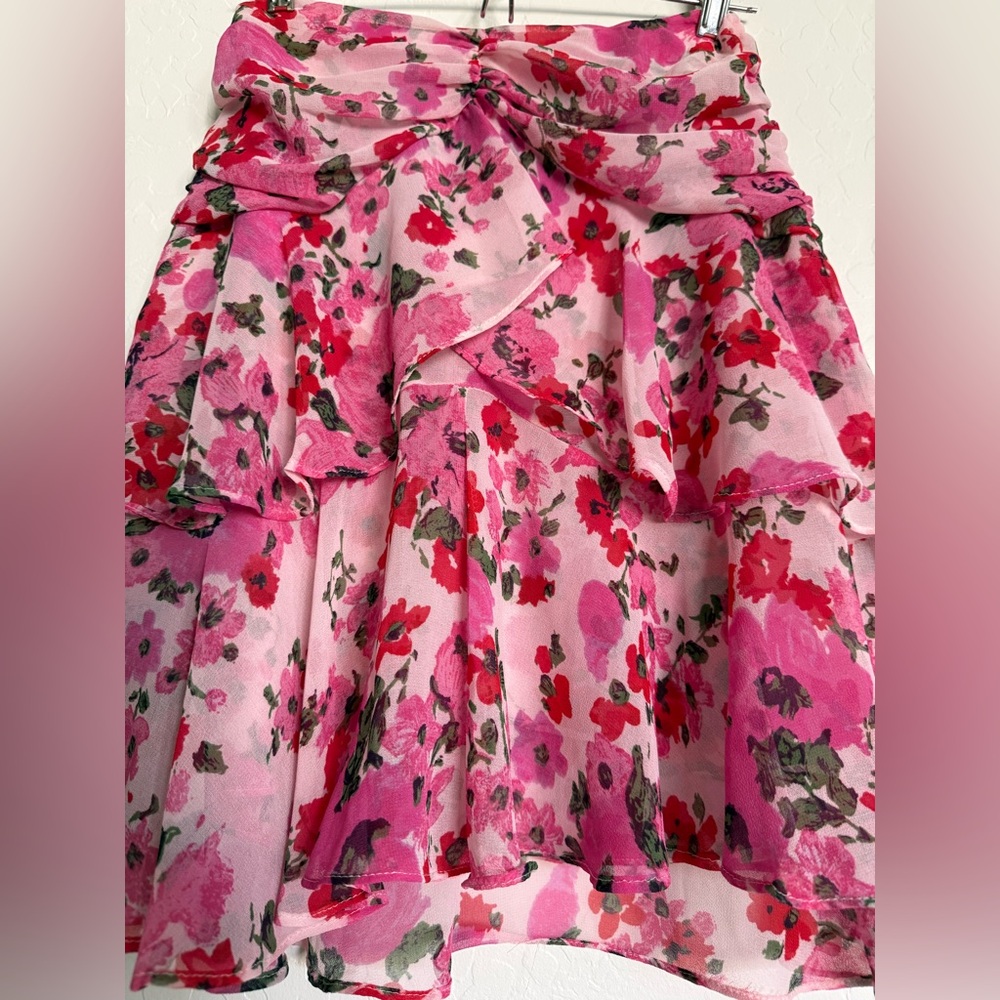 MISA Los Angeles Floral Ruffle Mini Skirt Draped Waist Pink NEW Made in USA - Picture 6 of 11